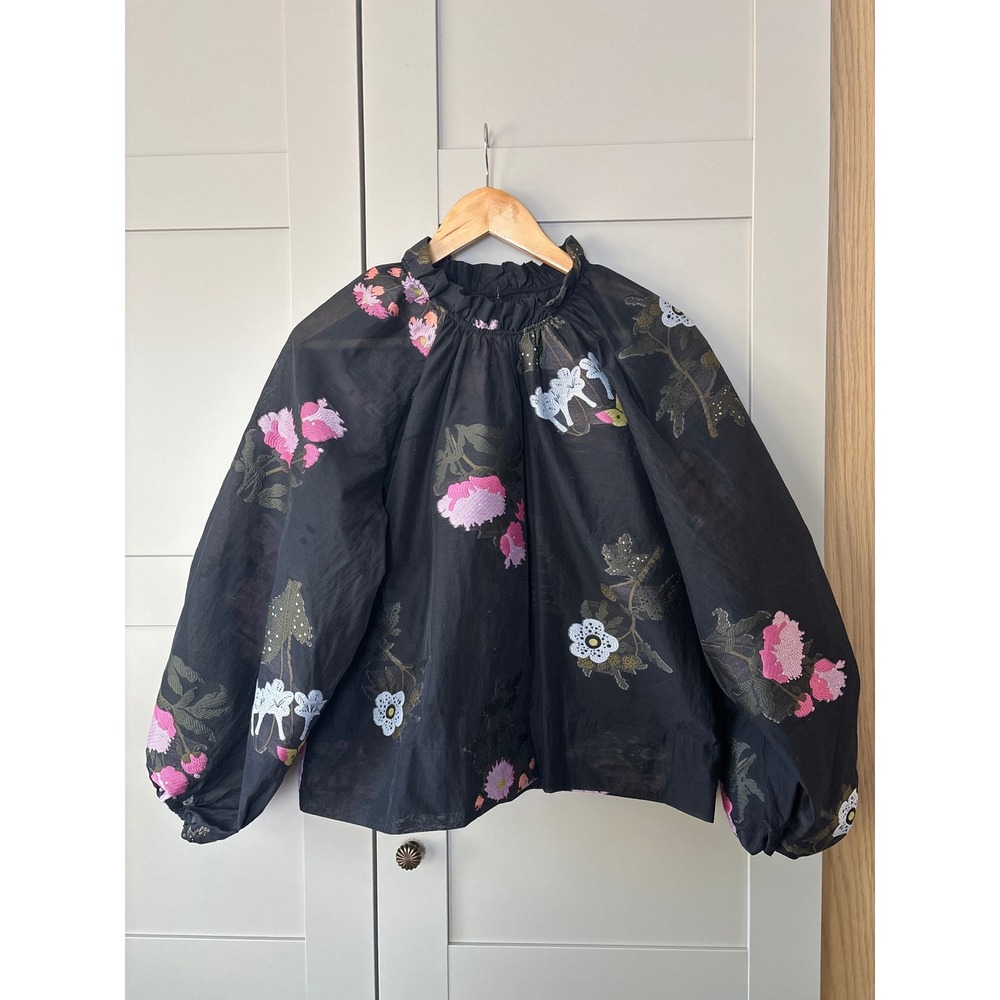 Black Floral Embroidered Sheer Women's Blouse Balloon Sleeve Whimsigoth Small